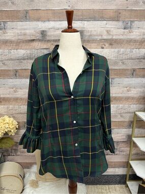 Gretchen Scott plaid shirt w/ ruffle sleeves large